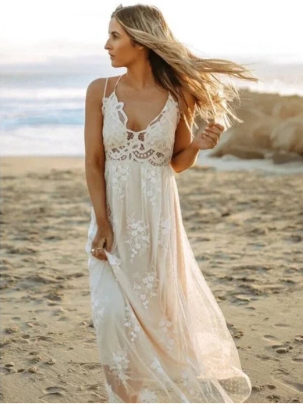 Bohemian Ivory Lace Maxi Dress with Spaghetti Straps. French delicate romantic